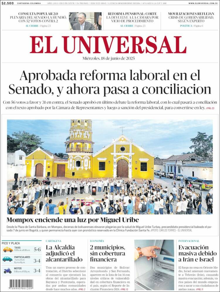 Portada de El Universal (Colombia)