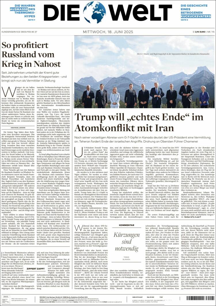 Portada de Die Welt (Germany)