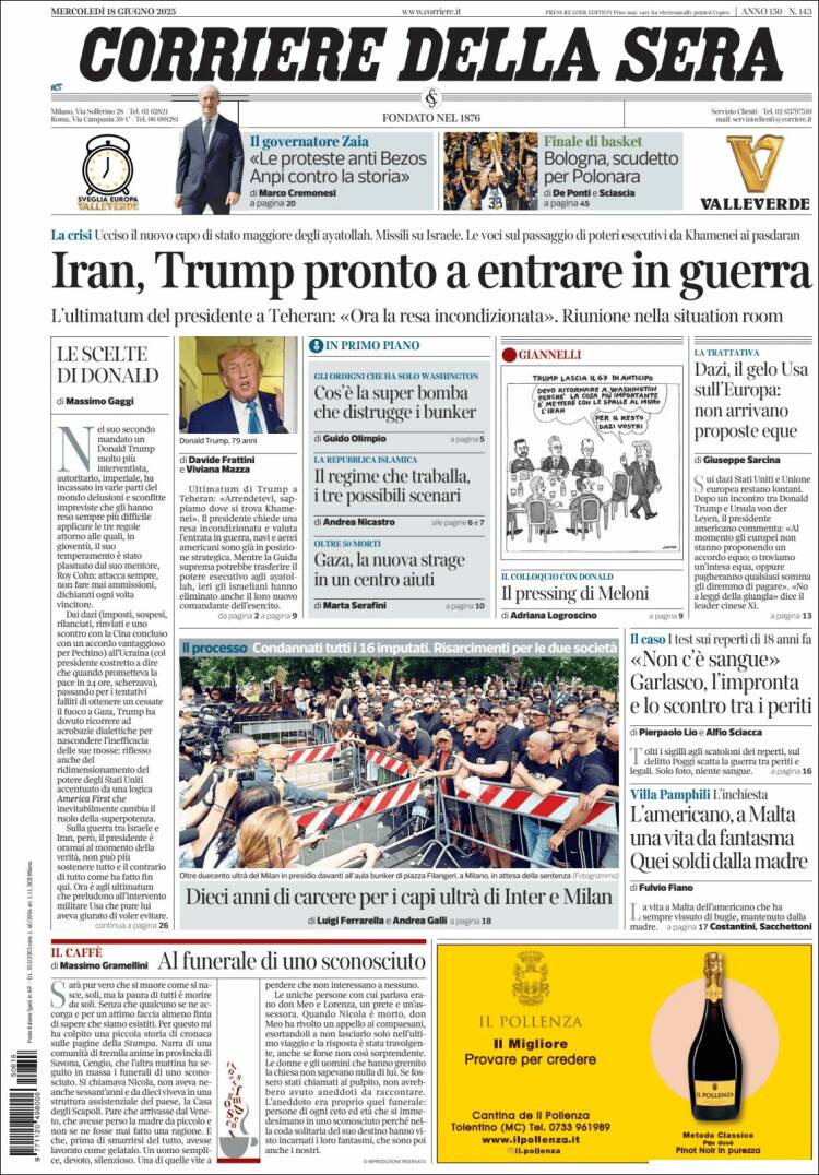 Portada de Corriere della Sera (Italia)