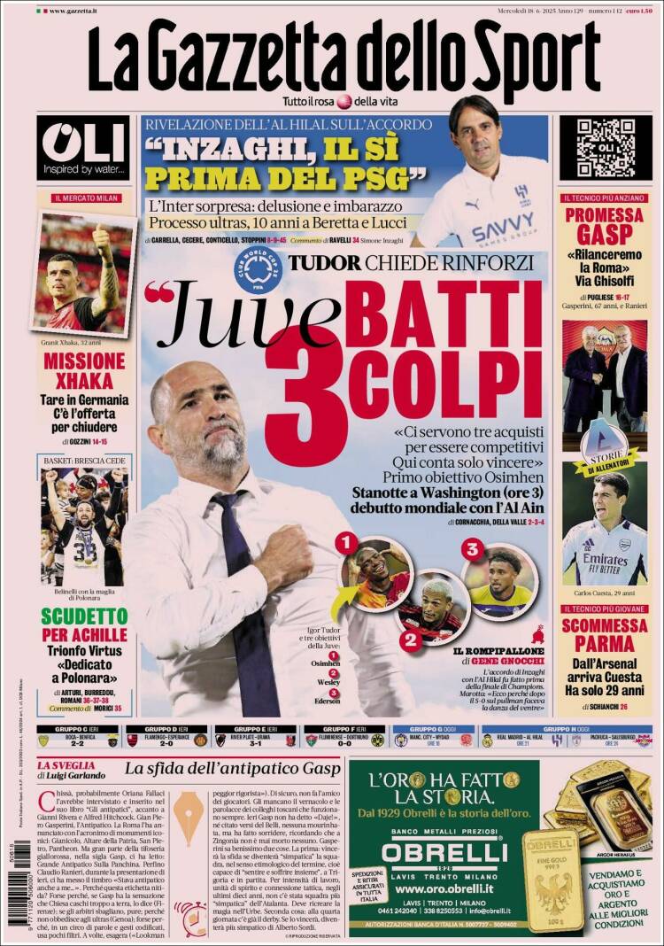 Portada de La Gazzetta dello Sport (Italia)