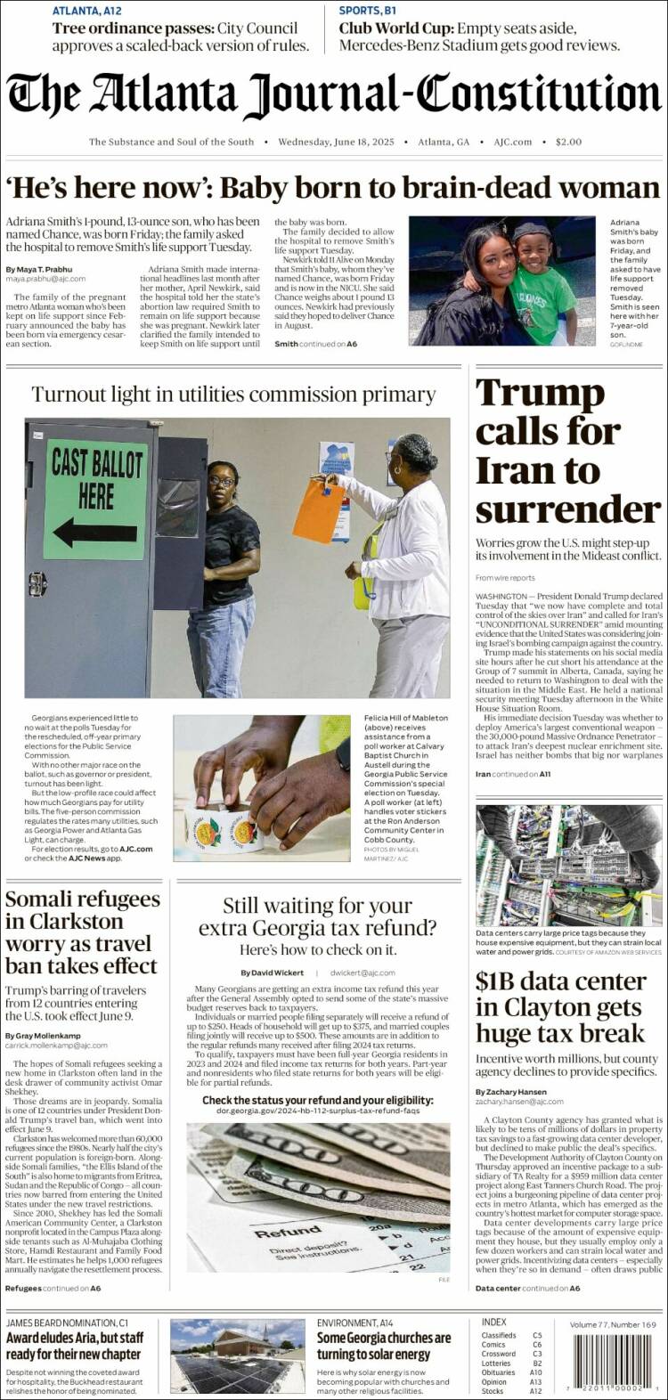 Portada de The Atlanta Journal-Constitution (USA)
