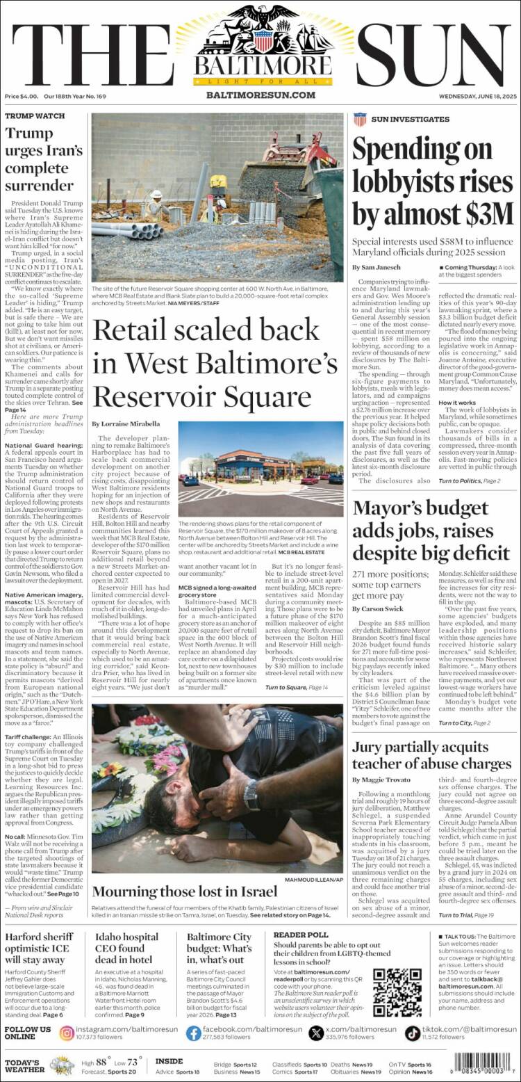 Portada de The Baltimore Sun (USA)
