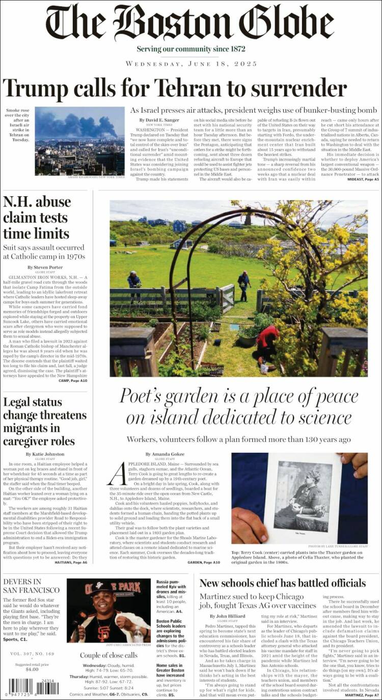 Portada de Boston Globe (USA)