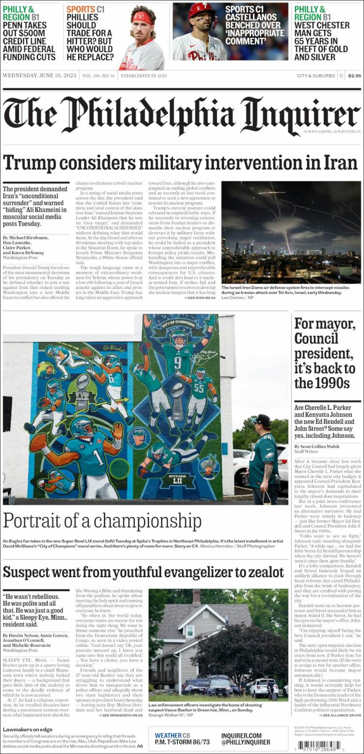 Portada de Philadelphia Inquirer (USA)