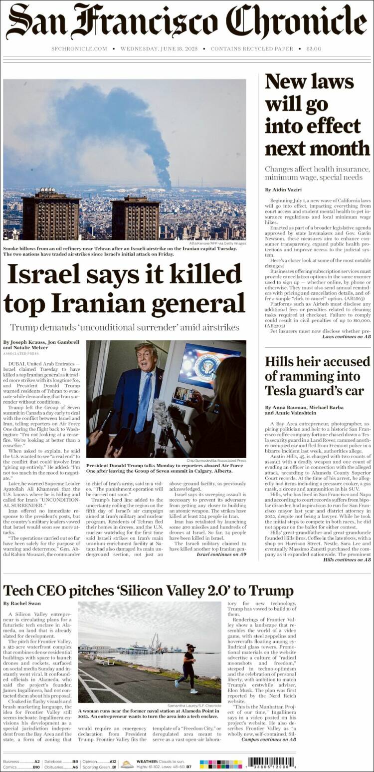 Portada de San Francisco Chronicle (USA)
