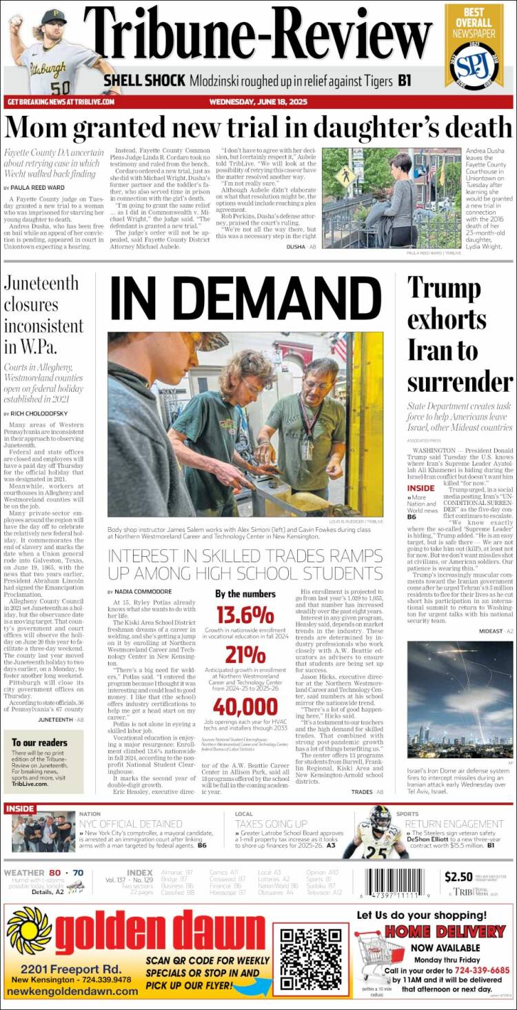 Portada de Tribune-Review (USA)