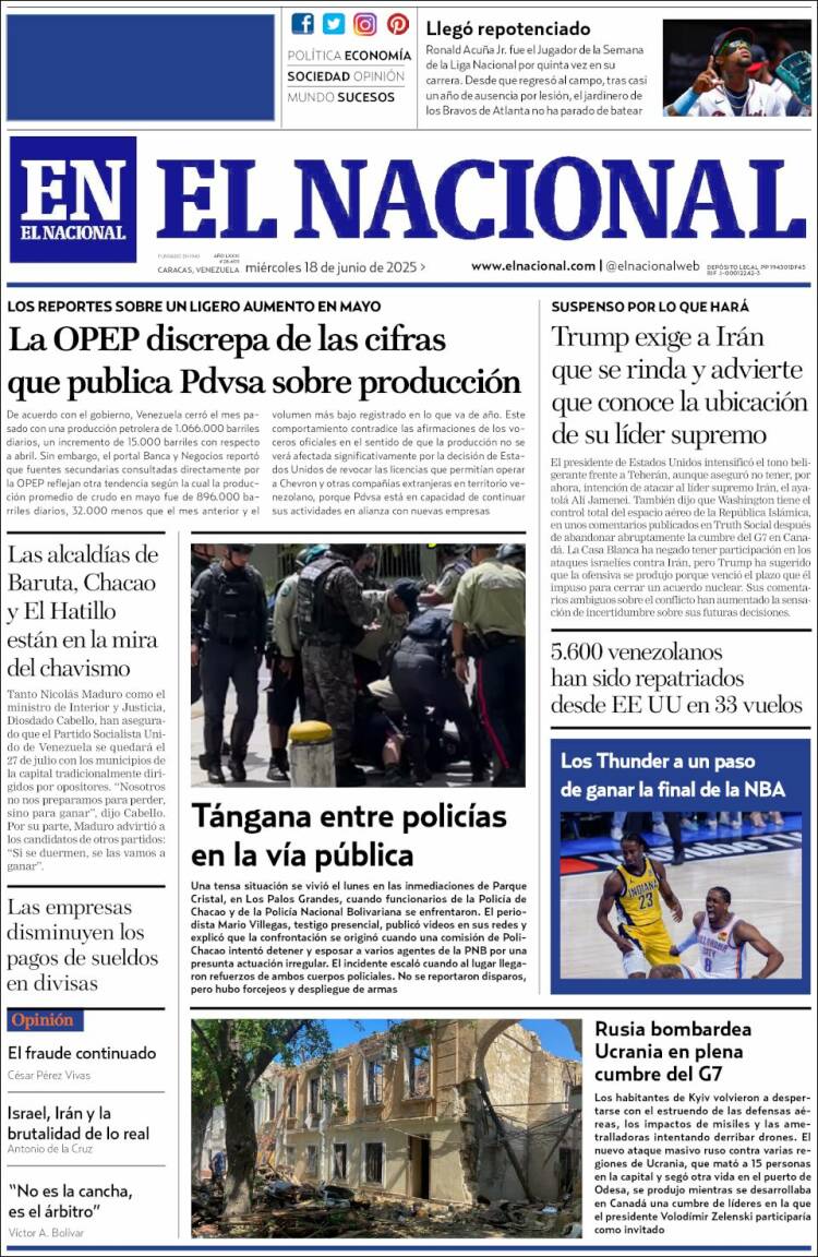 Portada de El Nacional (Venezuela)