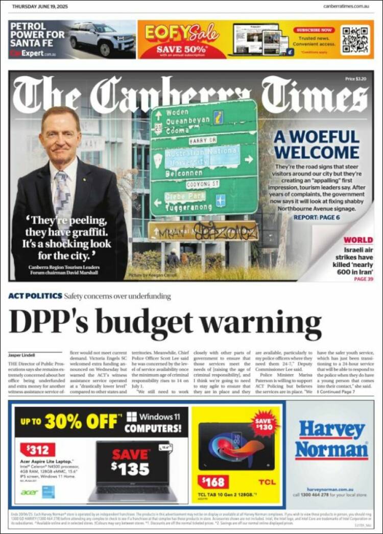Portada de The Canberra Times (Australia)