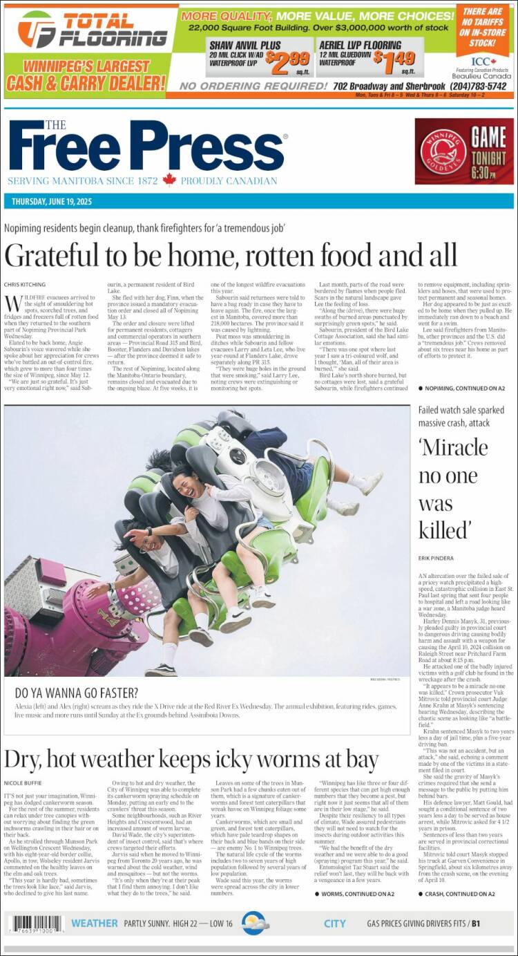 Portada de Winnipeg Free Press (Canada)