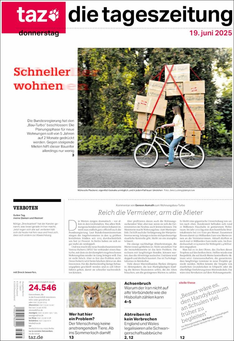 Portada de Die Tageszeitung (Alemania)
