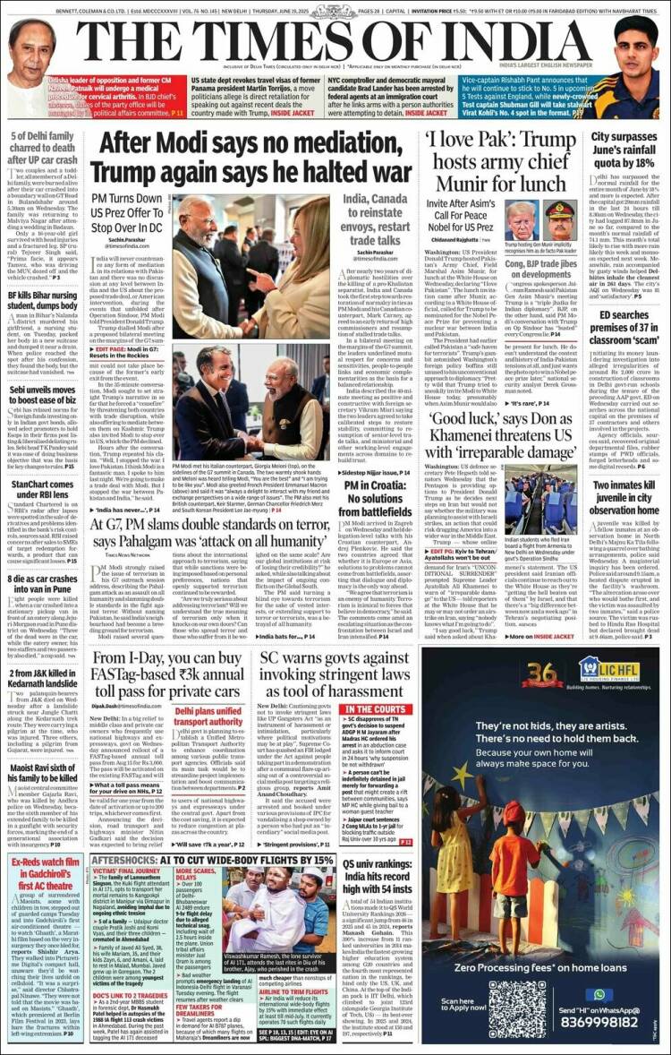 Portada de The Times of India (India)