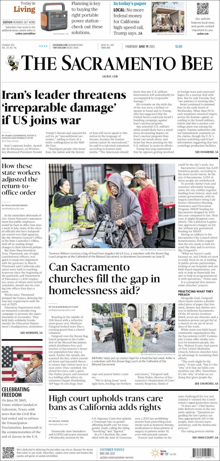 Portada de The Sacramento Bee (USA)