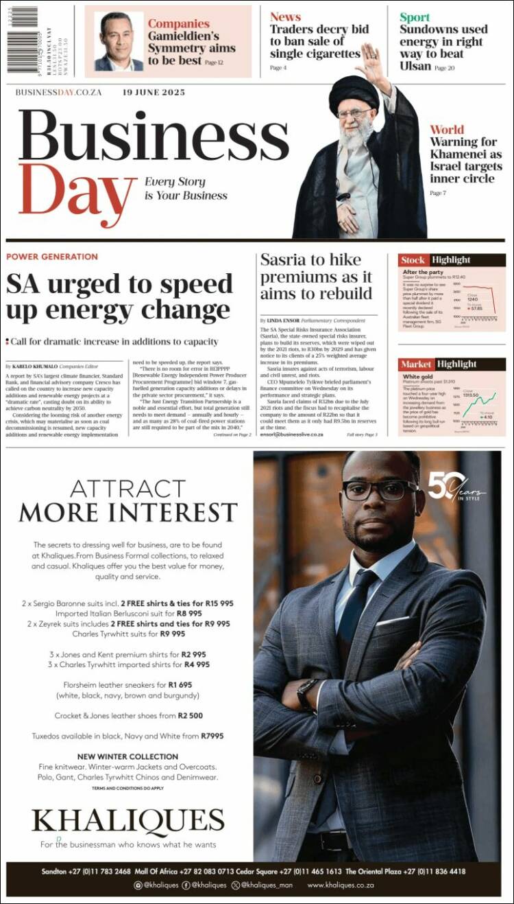 Portada de Business Day (South Africa)