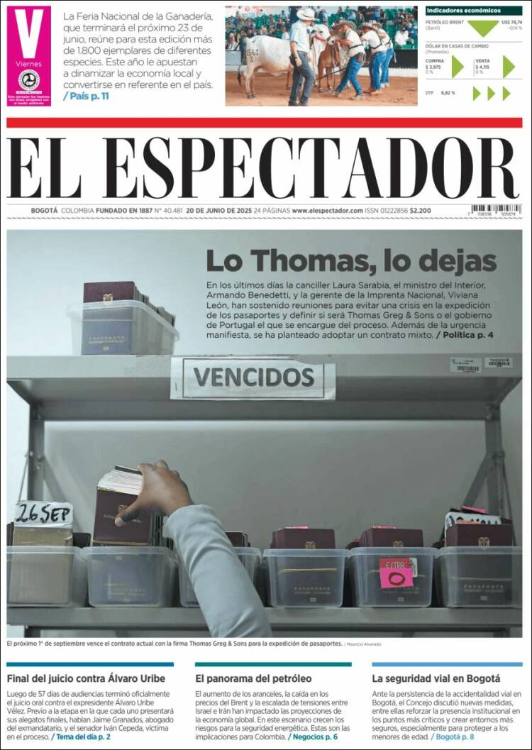 Portada de El Espectador (Colombia)