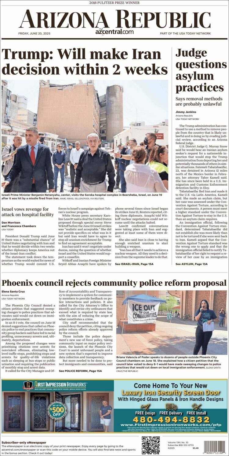 Portada de Arizona Republic News (USA)