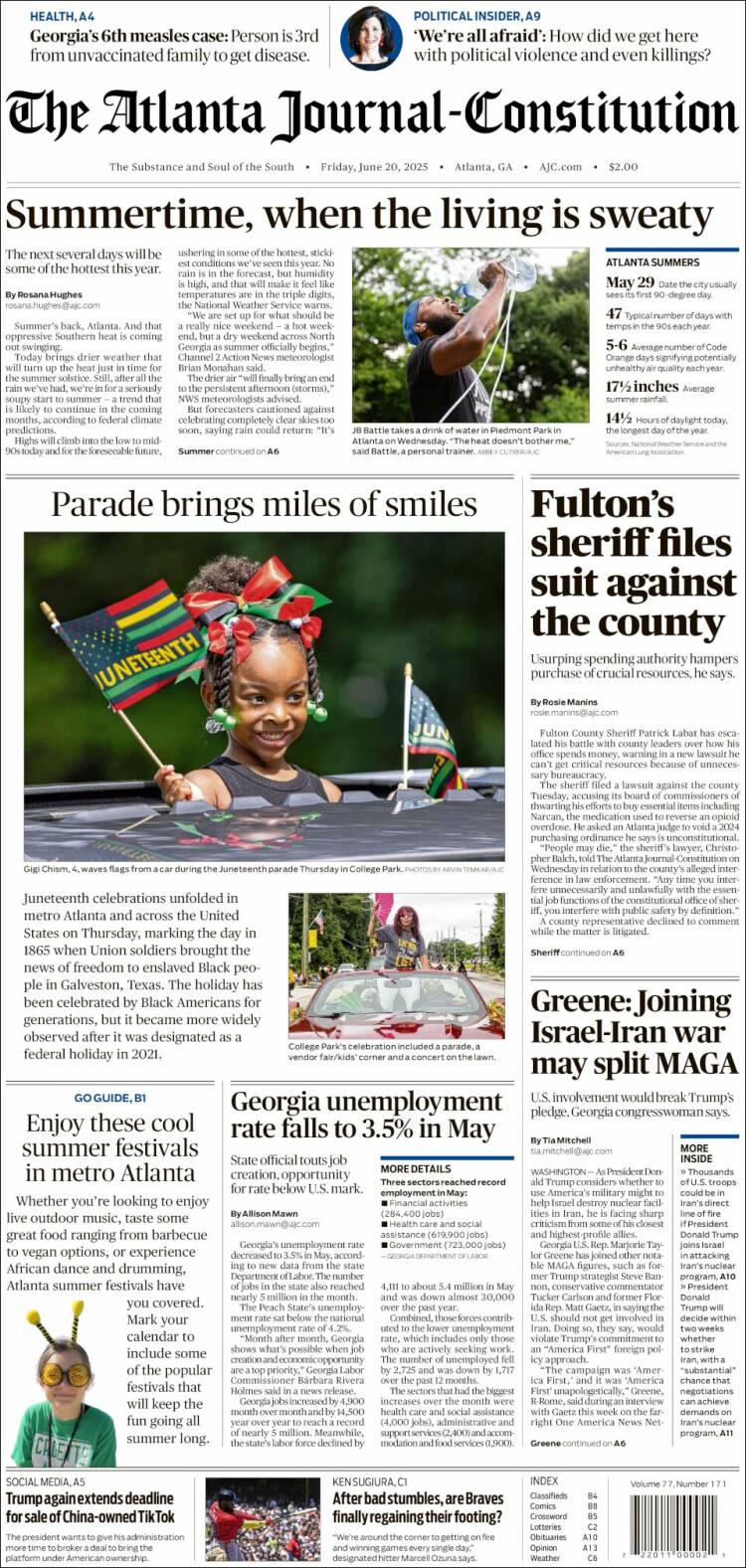Portada de The Atlanta Journal-Constitution (USA)