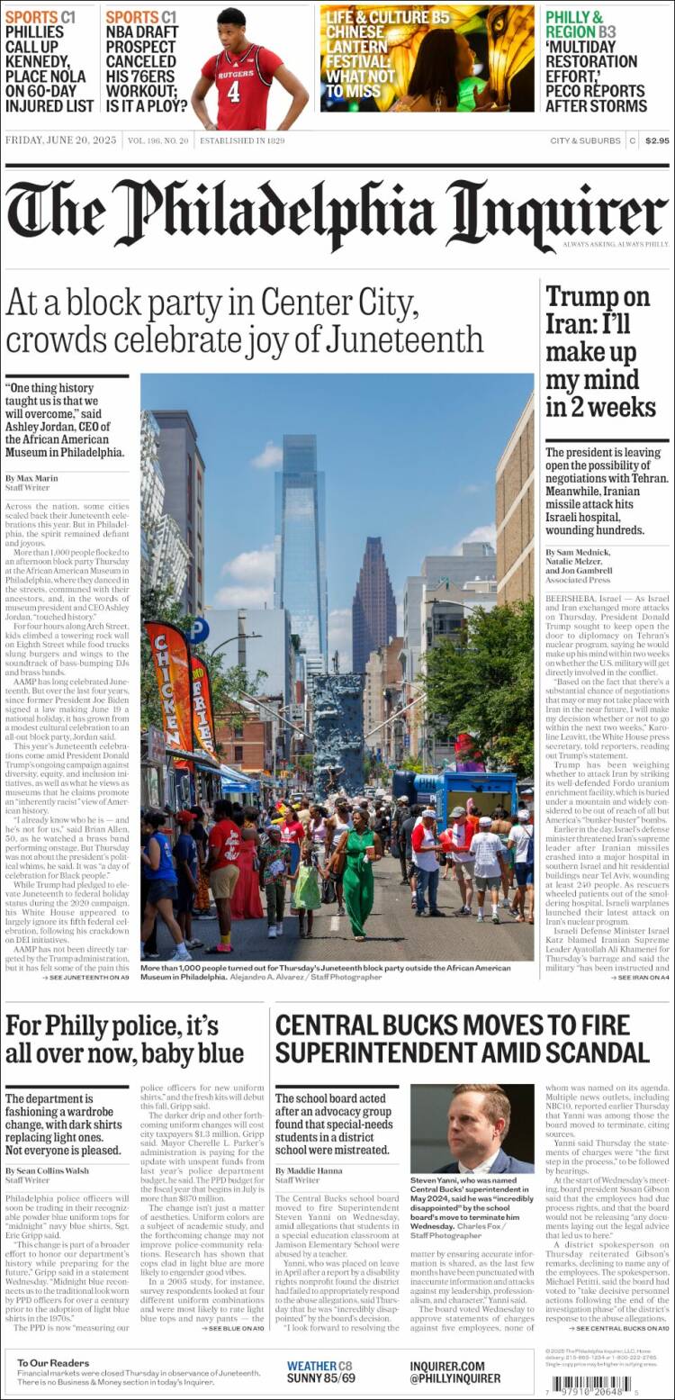 Portada de Philadelphia Inquirer (USA)
