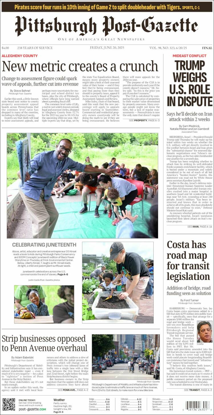 Portada de Pittsburgh Post-Gazette (USA)