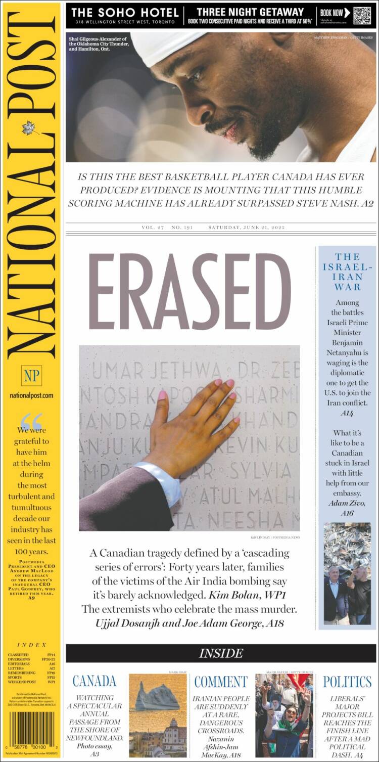 Portada de The National Post (Canadá)