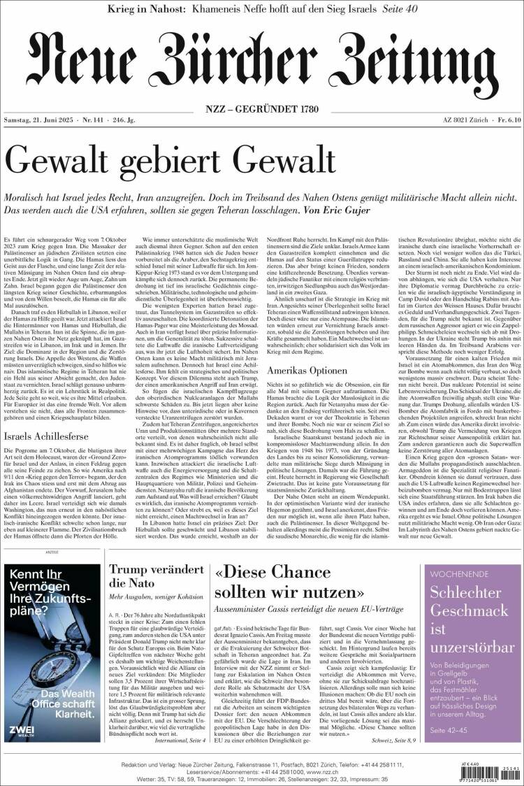 Portada de Neue Zürcher Zeitung (Suiza)
