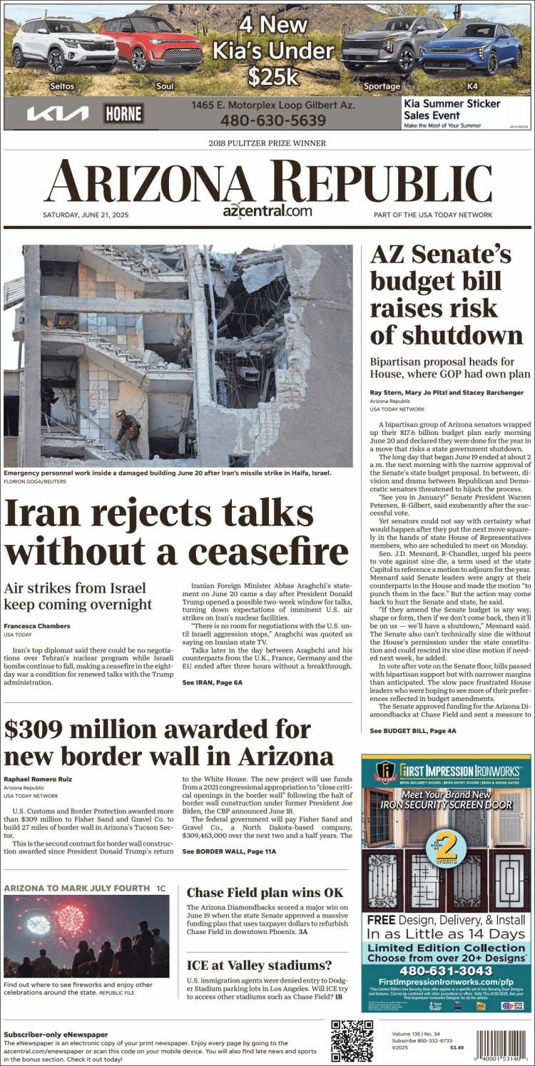 Portada de Arizona Republic News (USA)