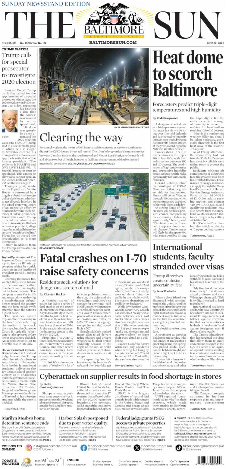 Portada de The Baltimore Sun (USA)