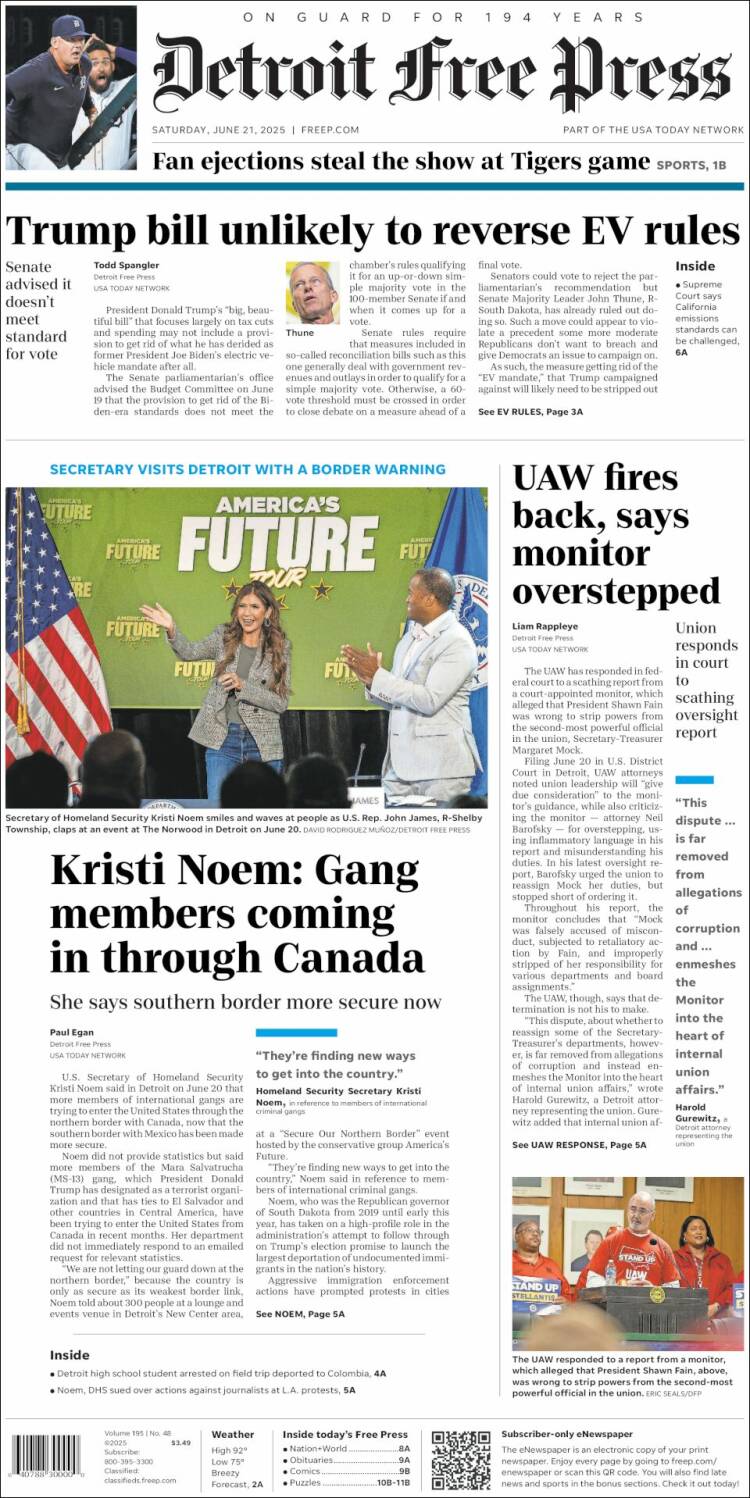 Portada de Detroit Free Press (USA)