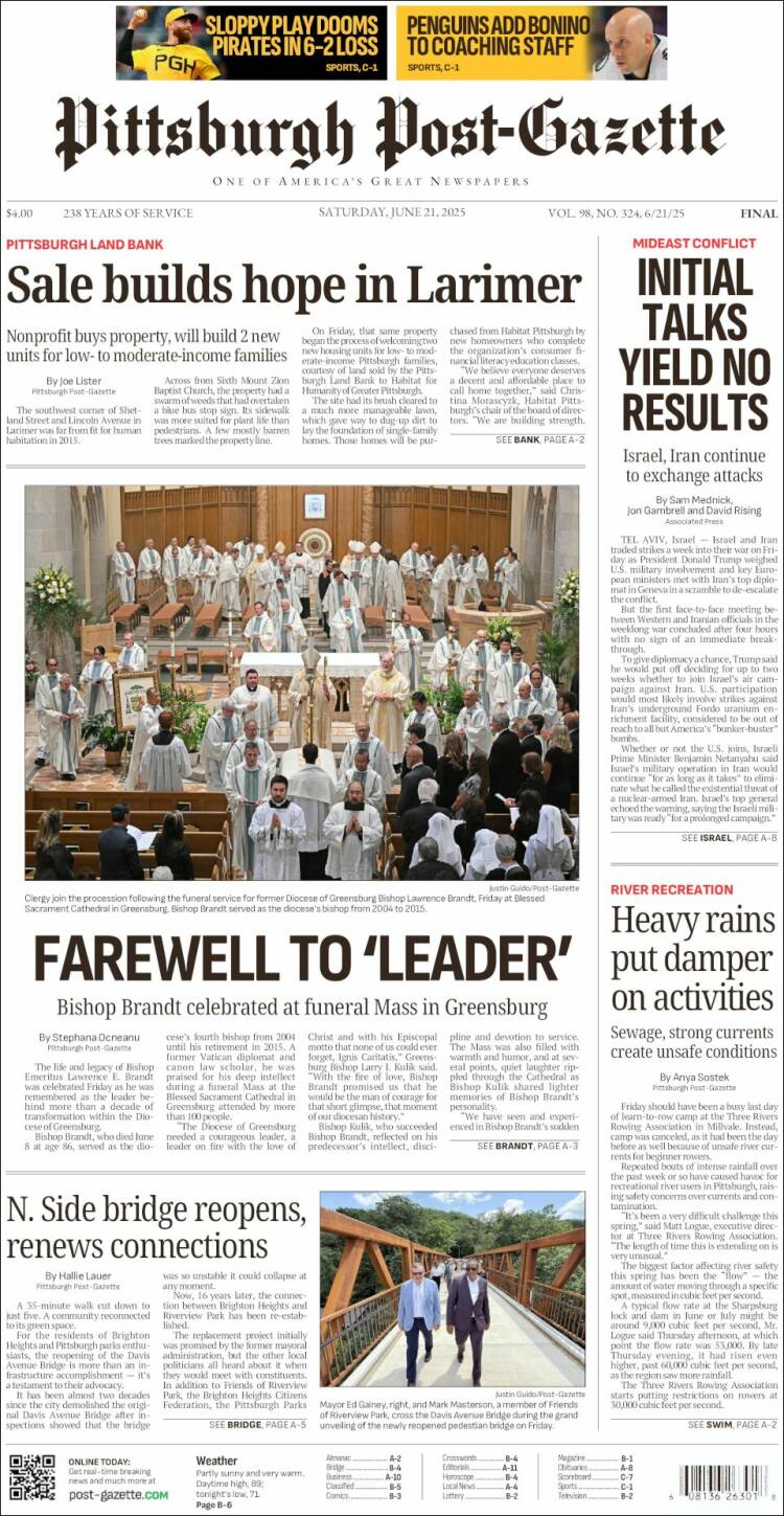 Portada de Pittsburgh Post-Gazette (USA)