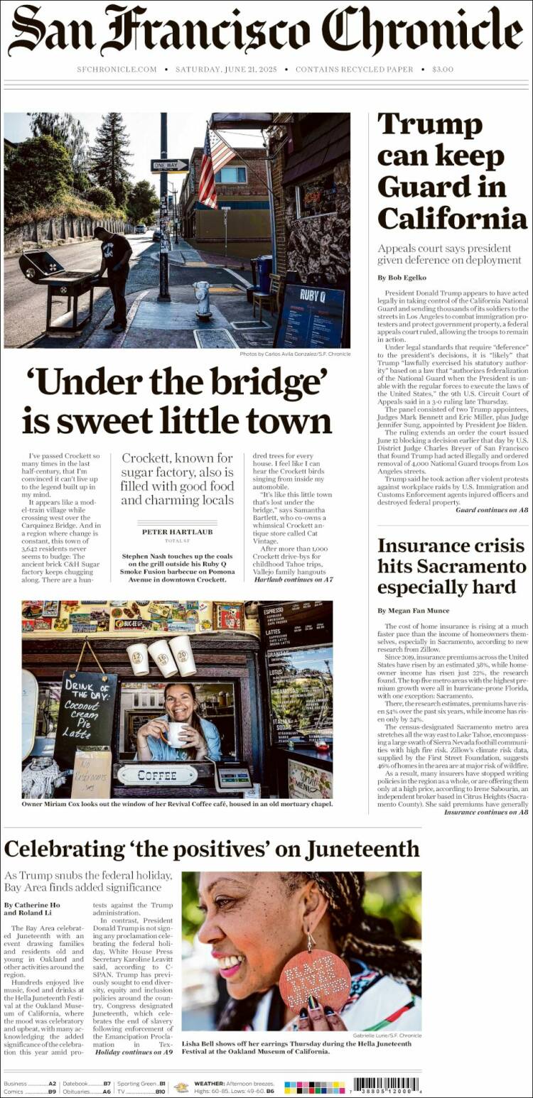 Portada de San Francisco Chronicle (USA)