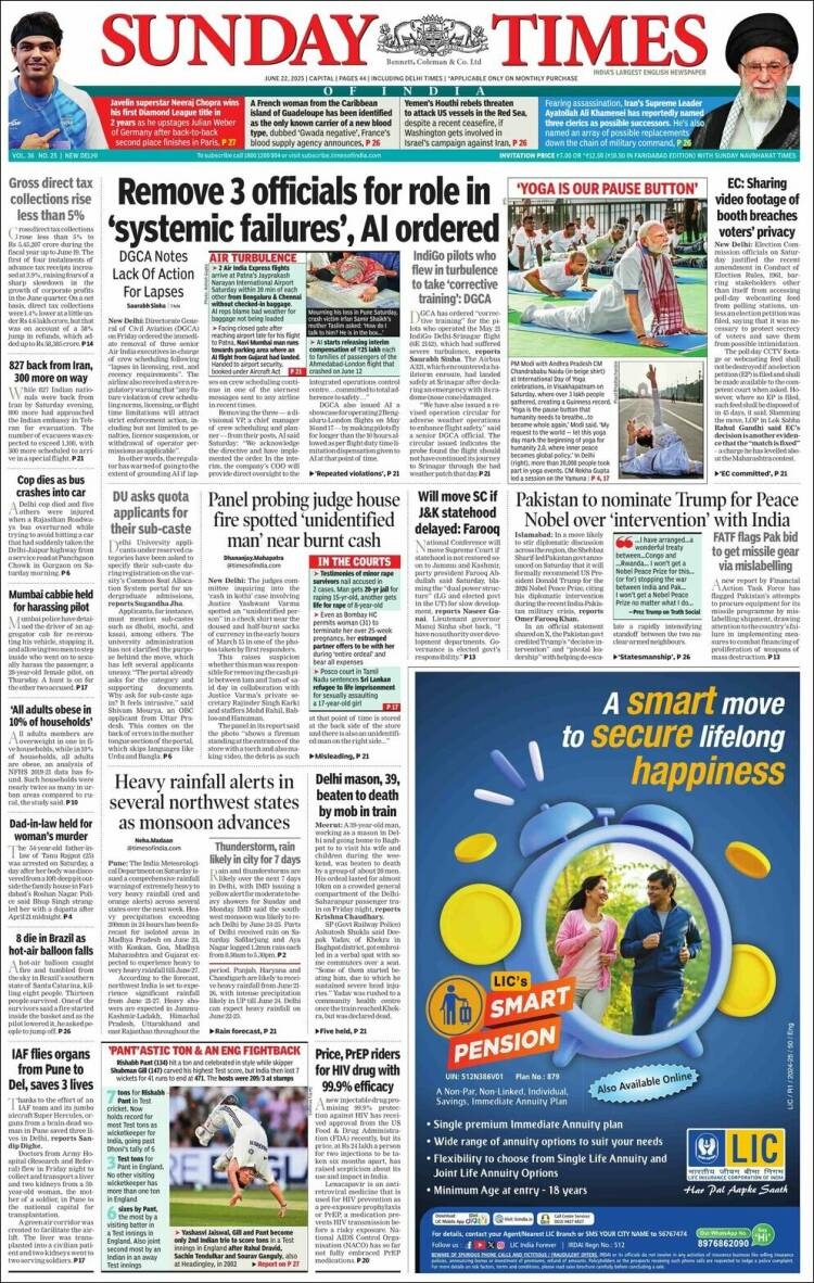 Portada de The Times of India (India)