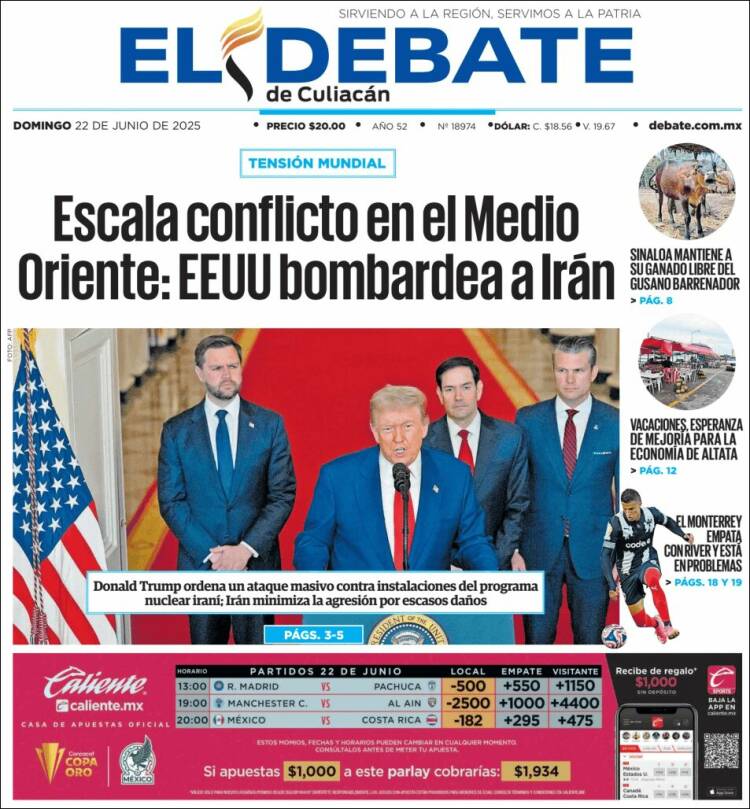 Portada de El Debate de Culiacán (México)