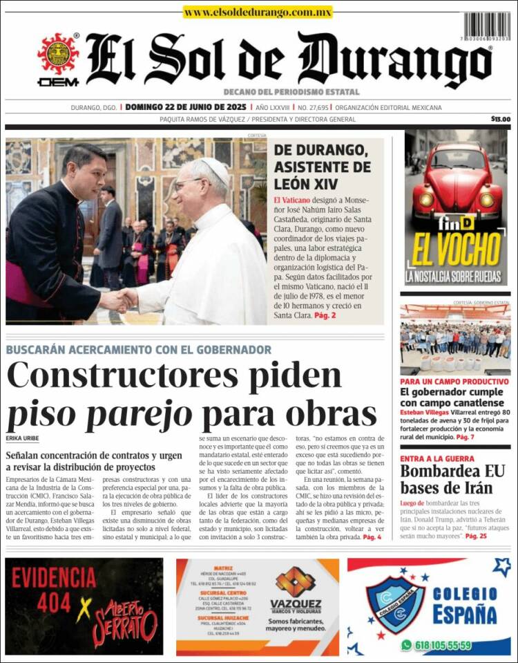 Portada de El Sol de Durango (México)