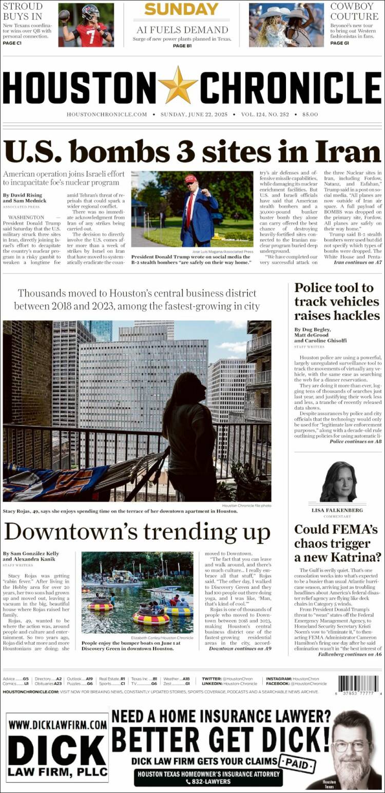 Portada de Houston Chronicle (USA)