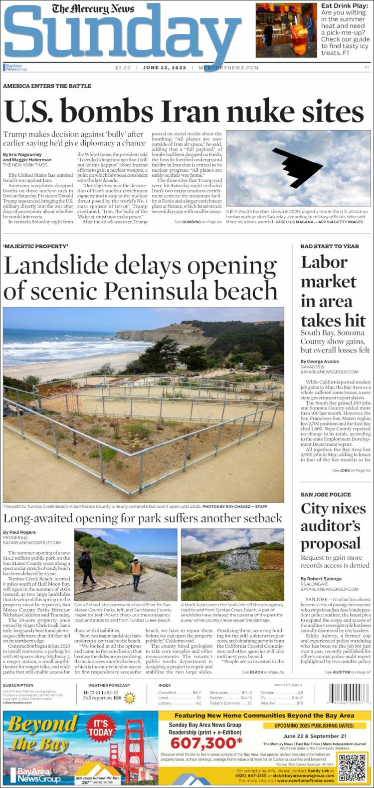 Portada de San Jose Mercury News (USA)