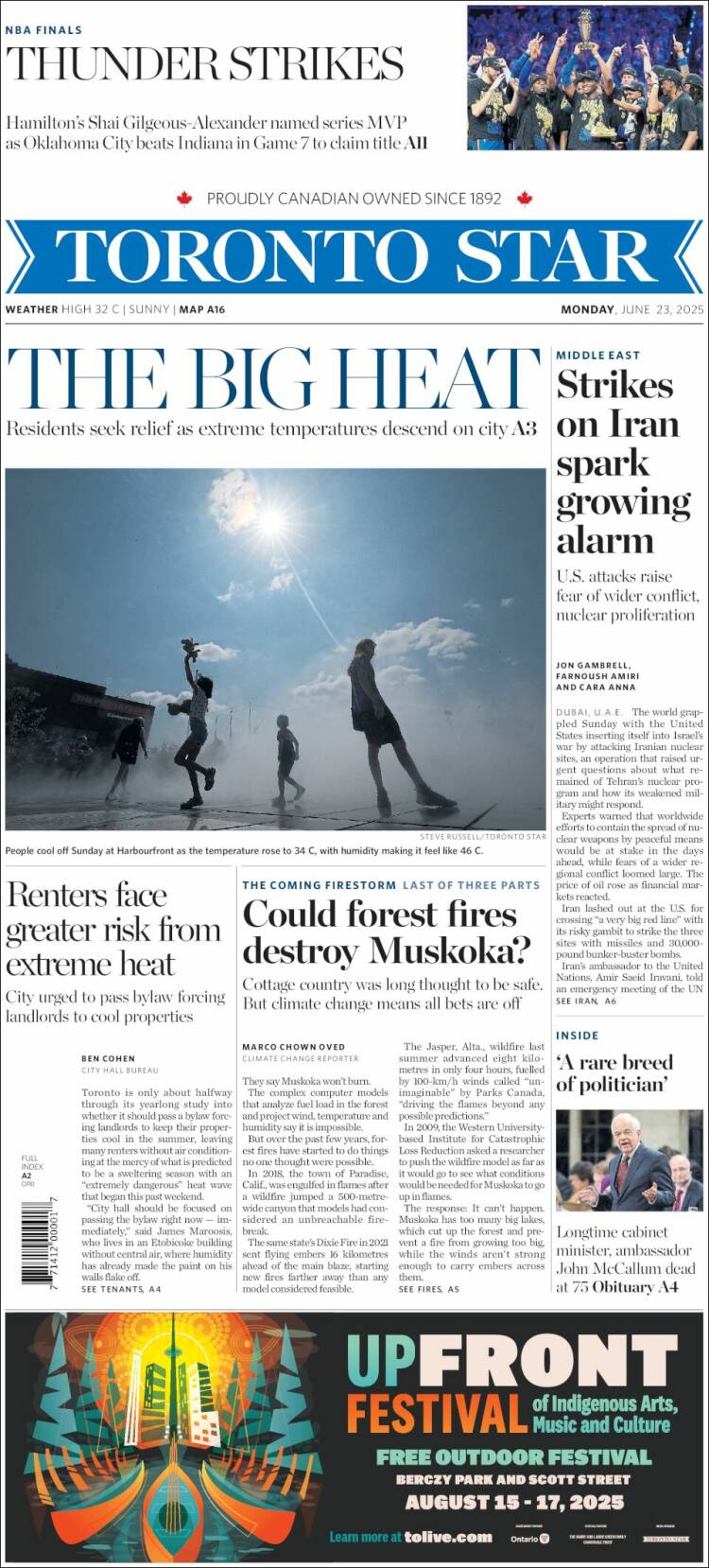 Portada de The Toronto Star (Canadá)