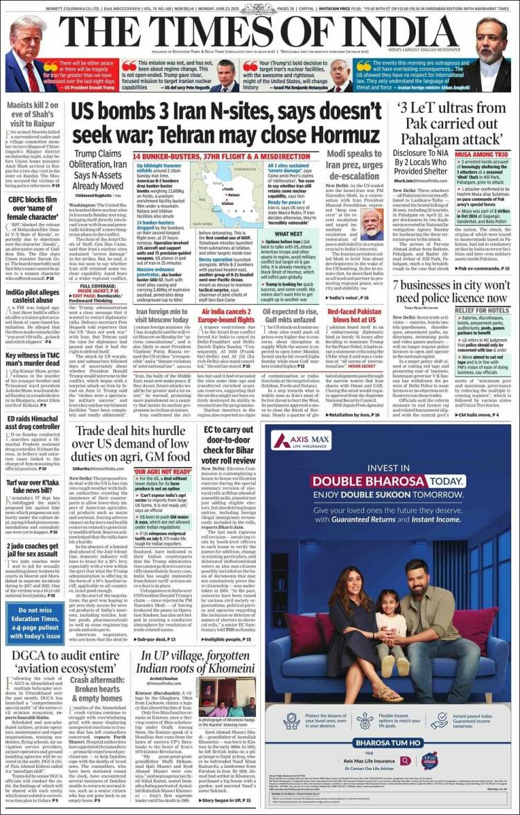 Portada de The Times of India (India)