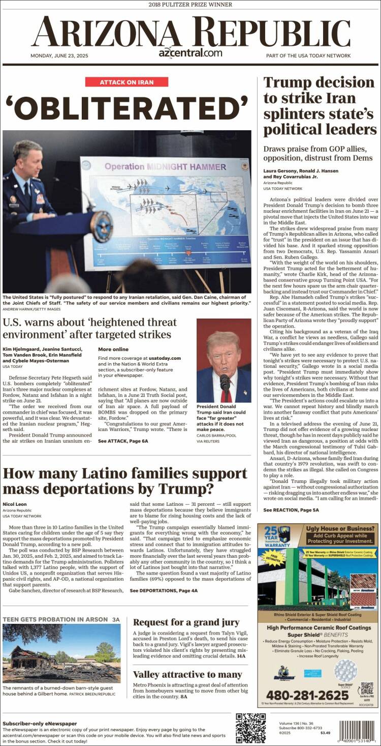 Portada de Arizona Republic News (USA)