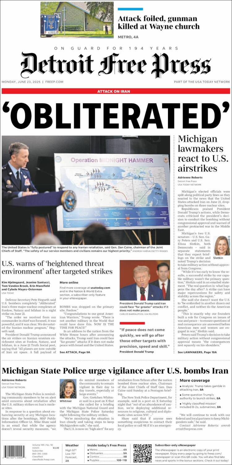 Portada de Detroit Free Press (USA)