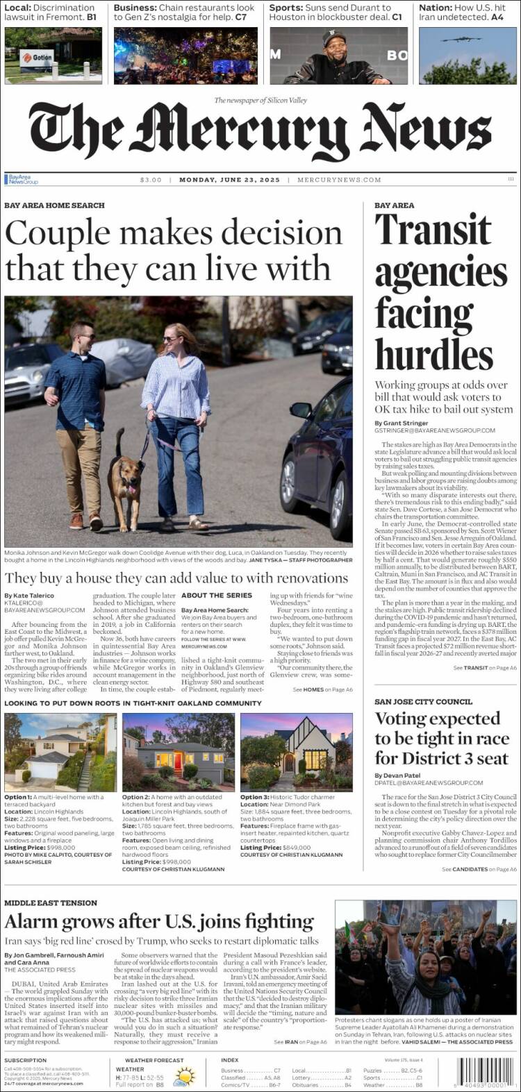 Portada de San Jose Mercury News (USA)