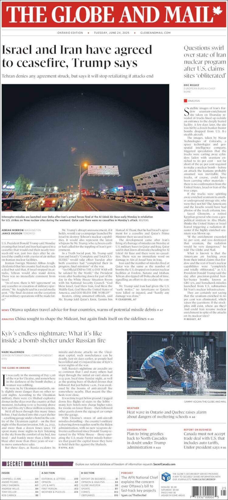 Portada de The Globe and Mail (Canadá)
