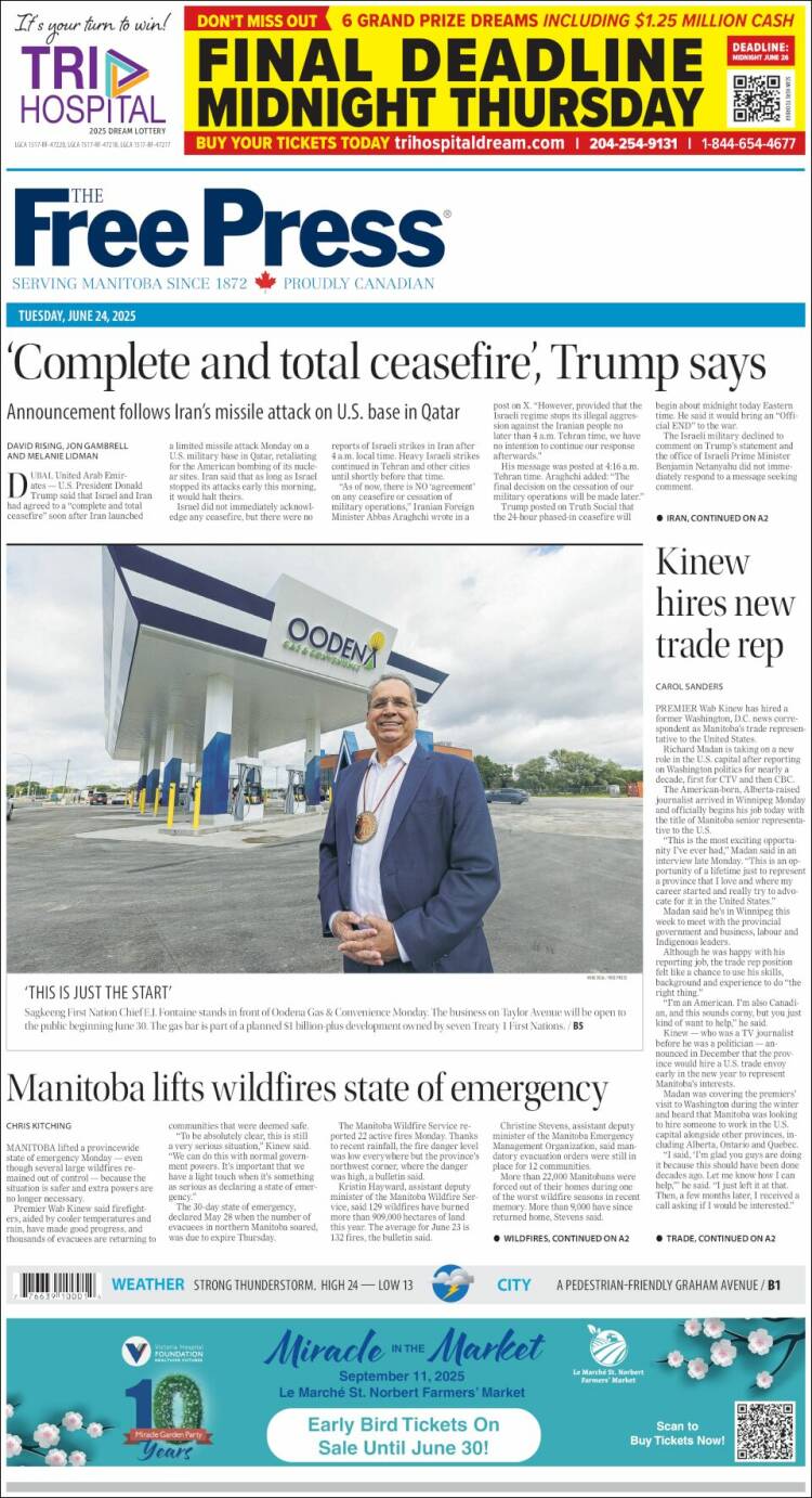 Portada de Winnipeg Free Press (Canadá)