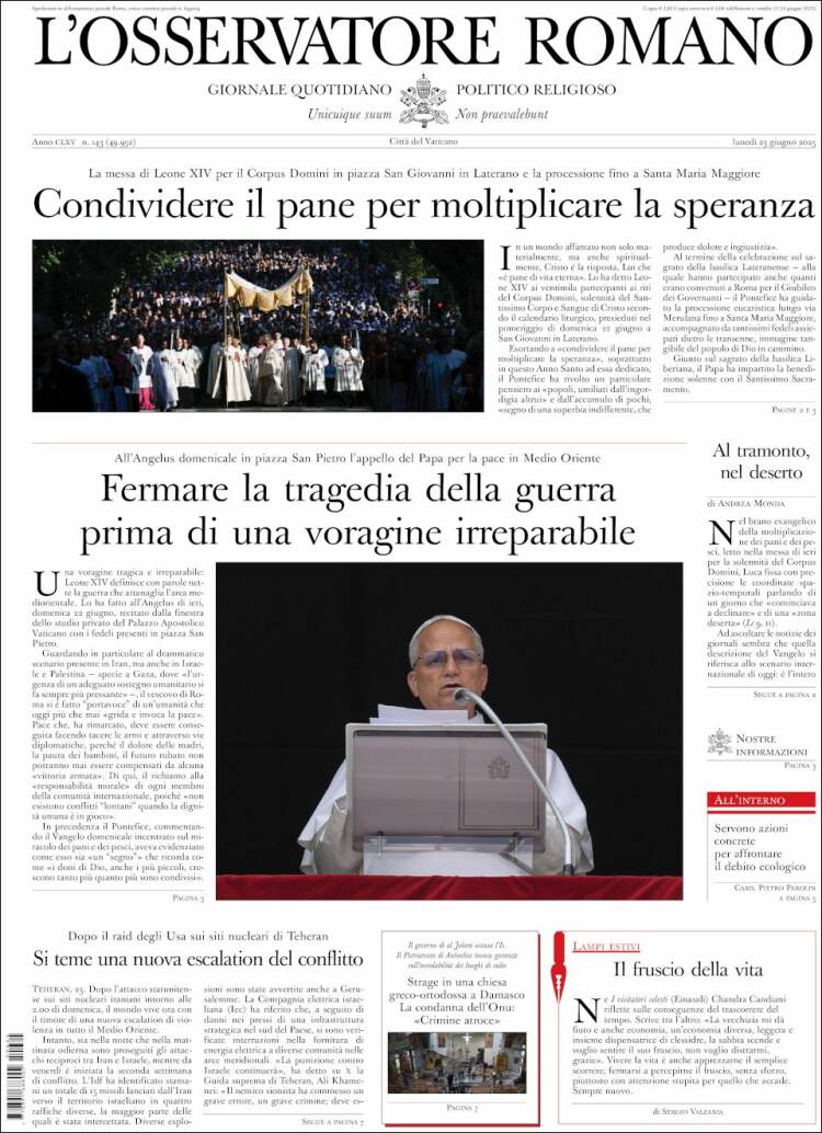 Portada de L'Osservatore Romano (Italia)