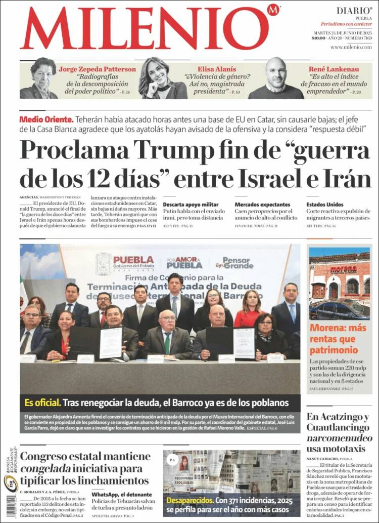 Portada de Milenio de Puebla (México)
