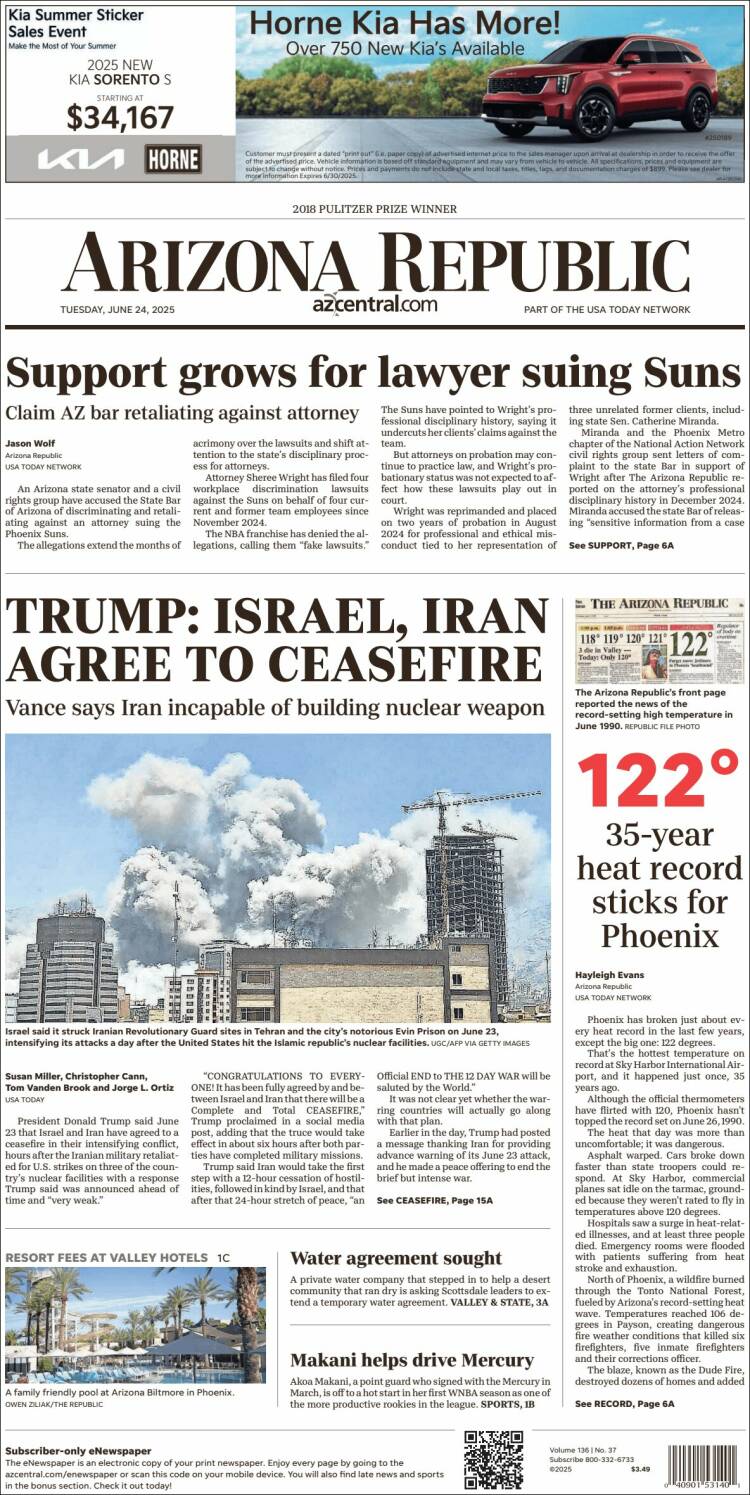 Portada de Arizona Republic News (USA)