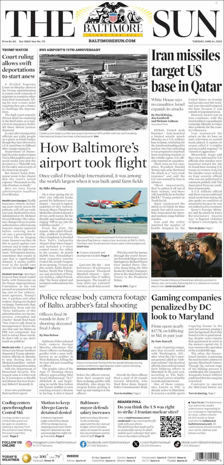 Portada de The Baltimore Sun (USA)