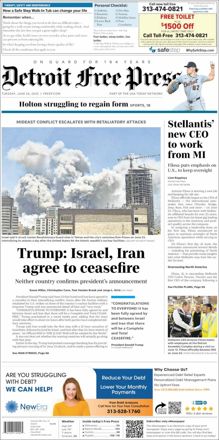 Portada de Detroit Free Press (USA)