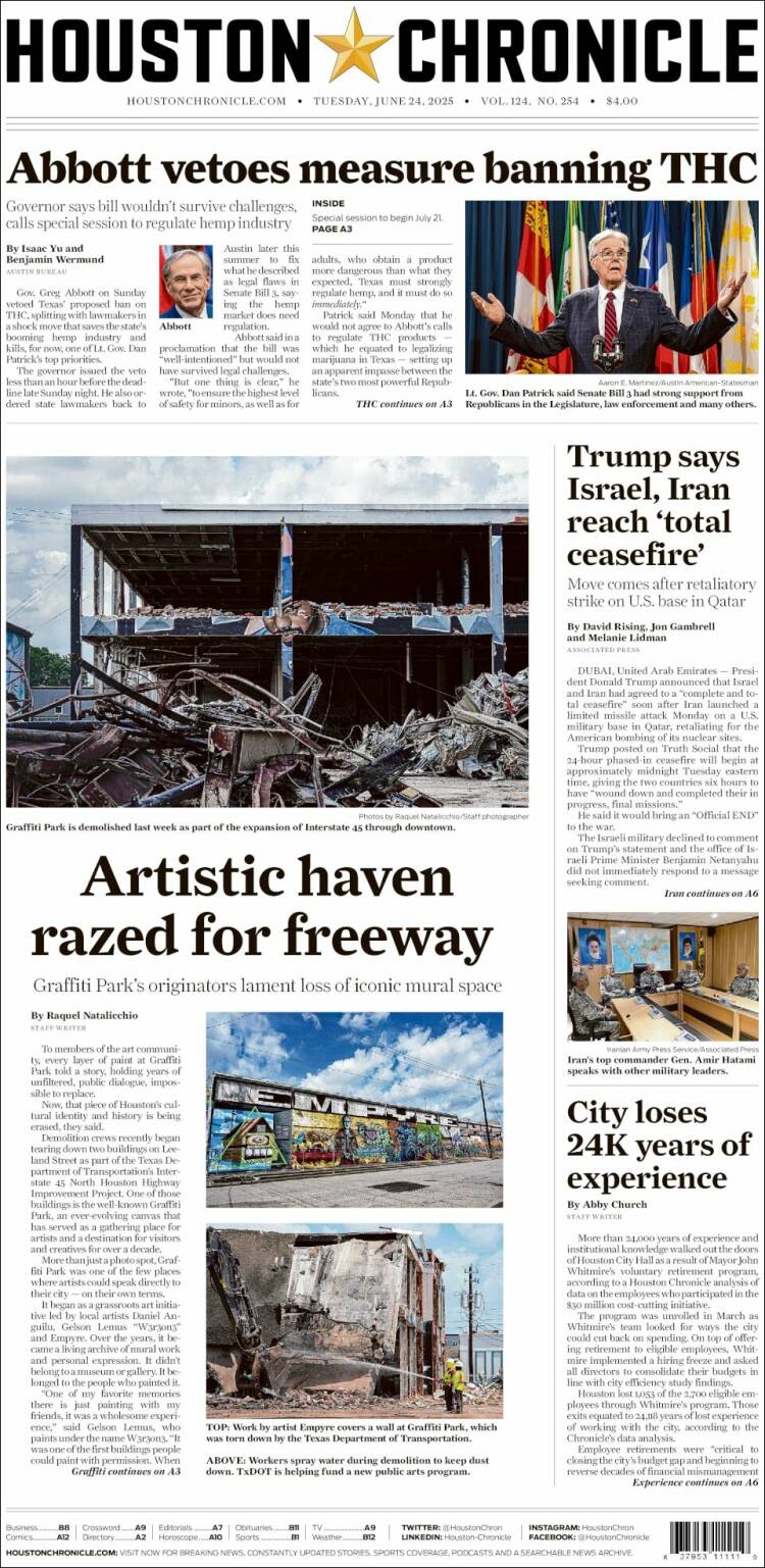 Portada de Houston Chronicle (USA)