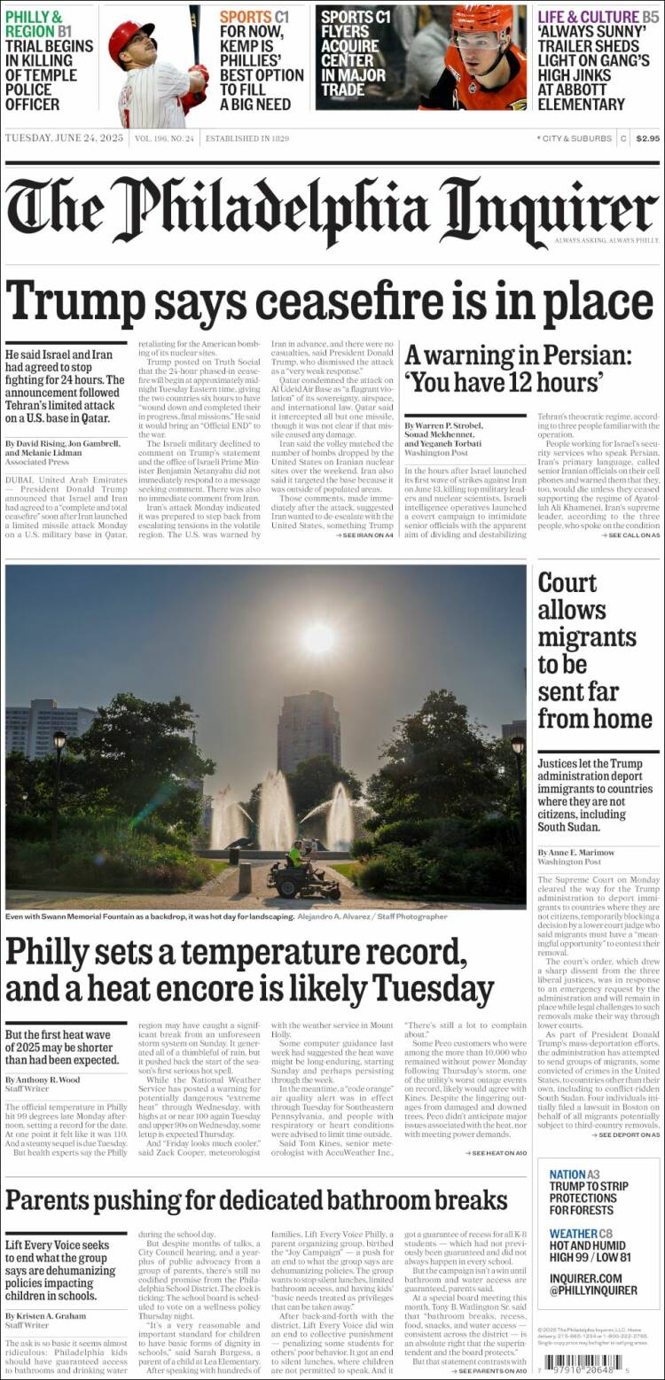 Portada de Philadelphia Inquirer (USA)