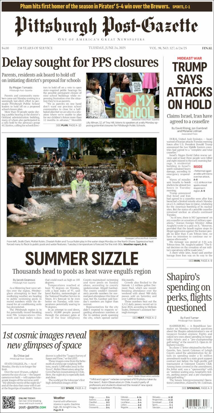 Portada de Pittsburgh Post-Gazette (USA)