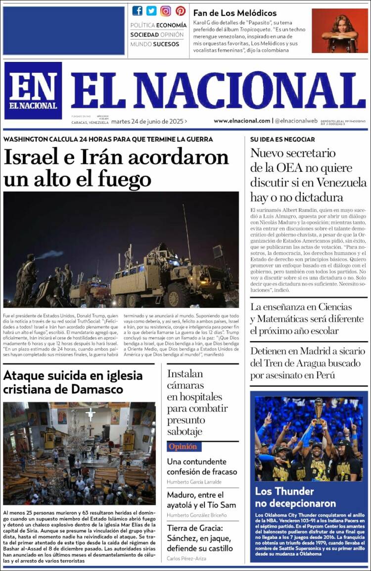Portada de El Nacional (Venezuela)